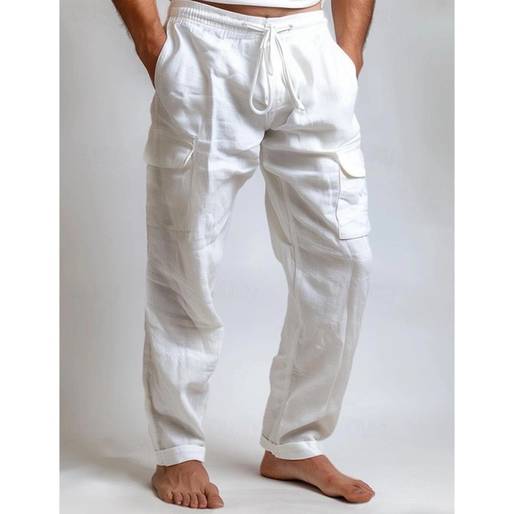 OUKU Men's NWT White Cotton Cargo Drawstring Summer Beach Resortwear Pants LRG